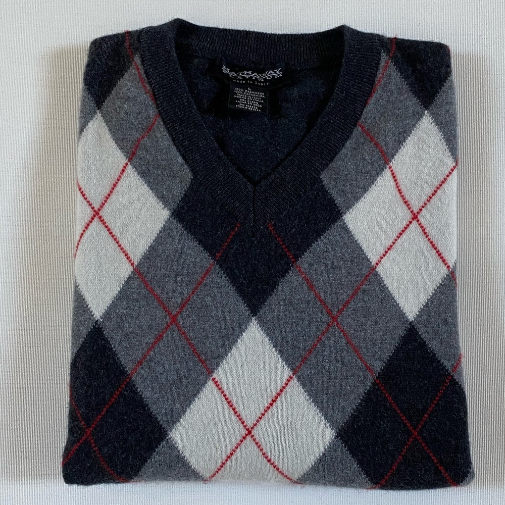 HATHAWAY PLATINUM MEN’S 100% CASHMERE PULLOVER SWEATER ARGYLE V-NECK SIZE L